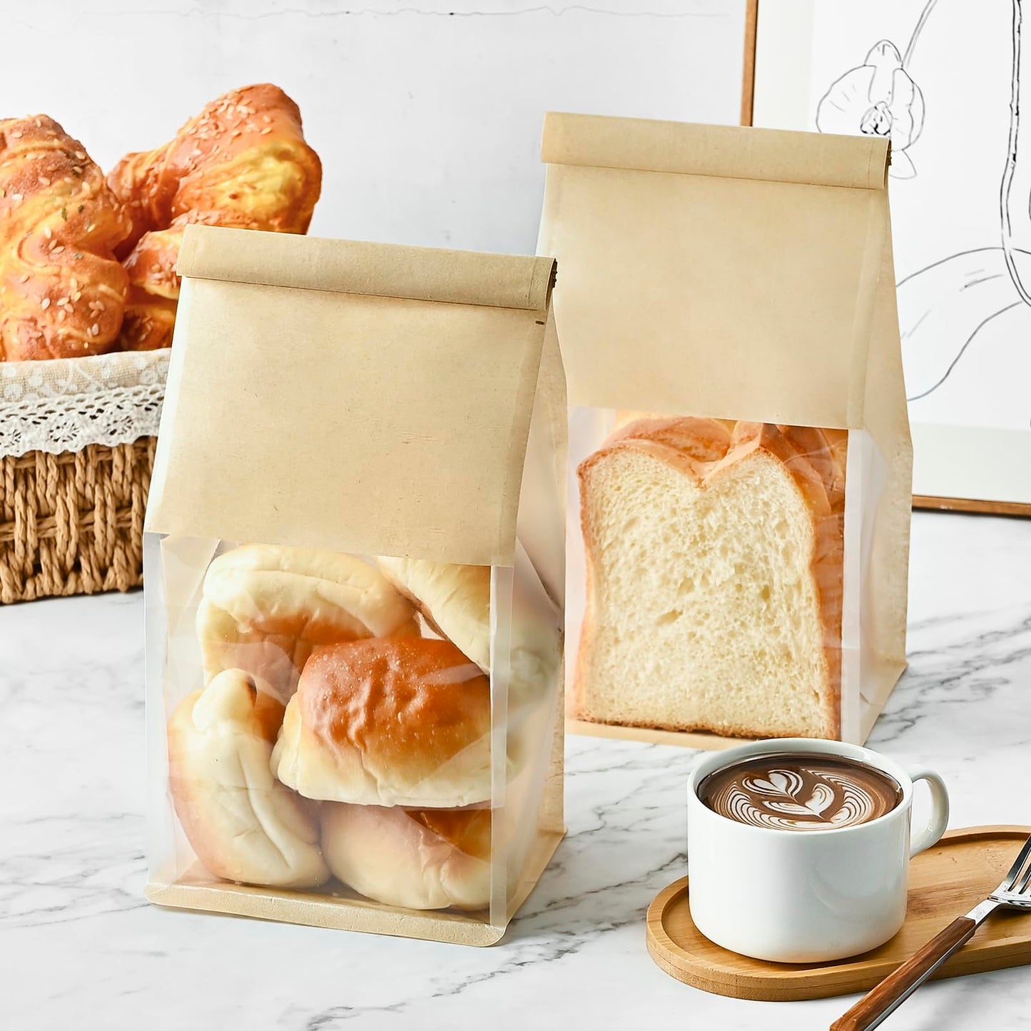 Ohuimrt 50 PCS Bread Bags for Homemade Breads, 11 x 5.1 x 3.9 Inches Brown Kraft Paper Bakery Bags with Tin Tie Tab Lock Sourdough Bread Bags with Window Baked Foods Packaging Storage