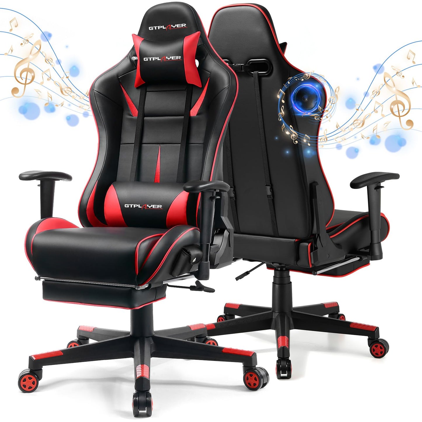 GTPLAYER Gaming Chair with Speakers, Music Gaming Recliner Chair for Adults and Kids, Height Adjustable Computer Game Reclining Chair with Footrest by GTRacing (Red)