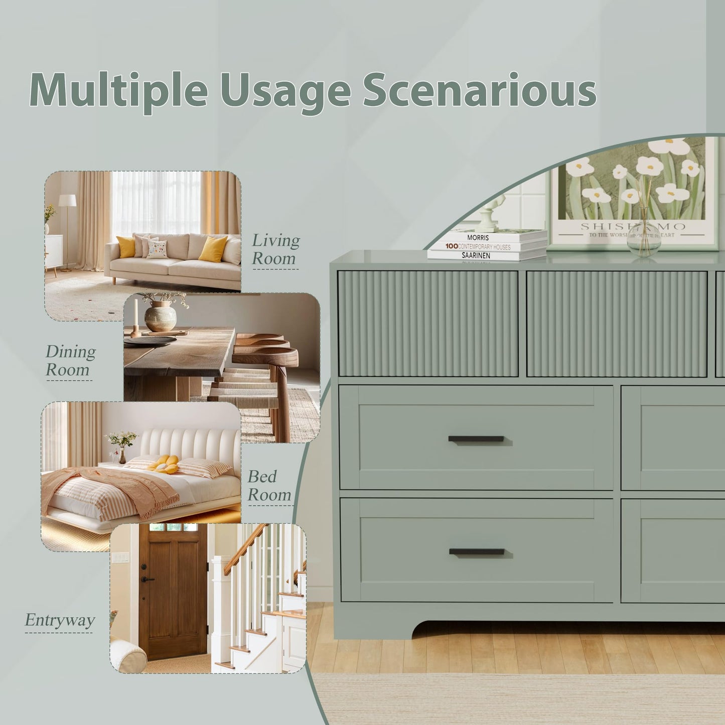 UEV Fluted Dresser for Bedroom with 7 Drawers, 47" Modern Chest of Drawers with Metal Handle, Wood TV Stand, Closet Storage Organizer for Living Room, Hallway, Green