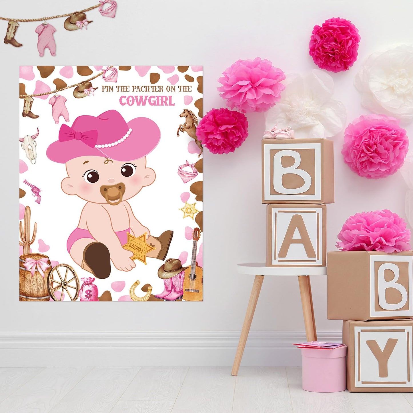 Faccito Pin The Pacifier Baby Shower Game Baby Shower Party Decorations Include Large Poster 24 Pacifier Stickers Blindfold Game Set for Birthday Party Decor Supplies(West Cowboy)