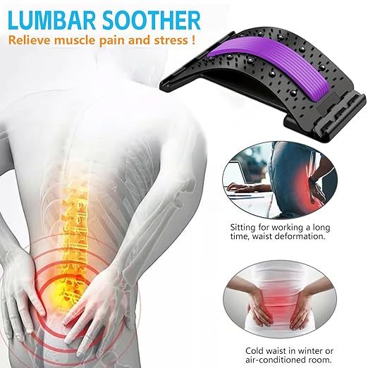 Lumbar Support Board & Back Stretcher - 4-Level Adjustable Cracker for Lower Back Pain Relief, Home Office Use (Purple)