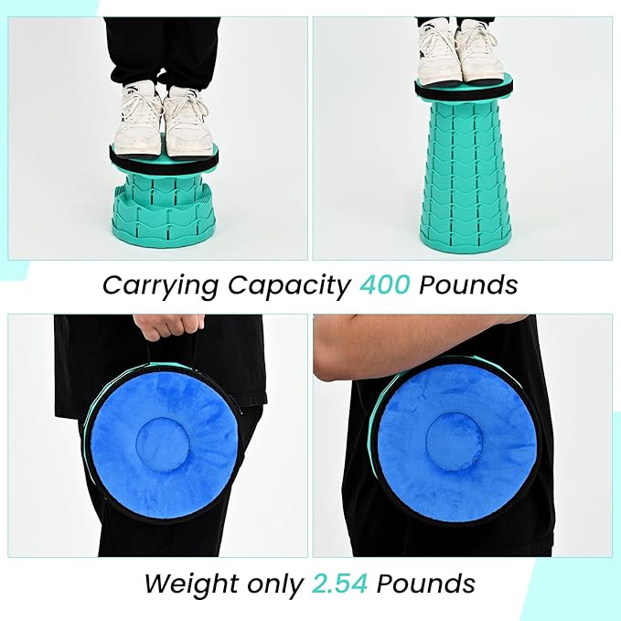 FXKS 2 Pack Upgraded Collapsible Stool Folding Stool with Cushion,Retractable Folding Stool Max Load Capacity 400lbs, Portable Telescoping Stools for Camping Hiking Outdoor BBQ -Mint Green