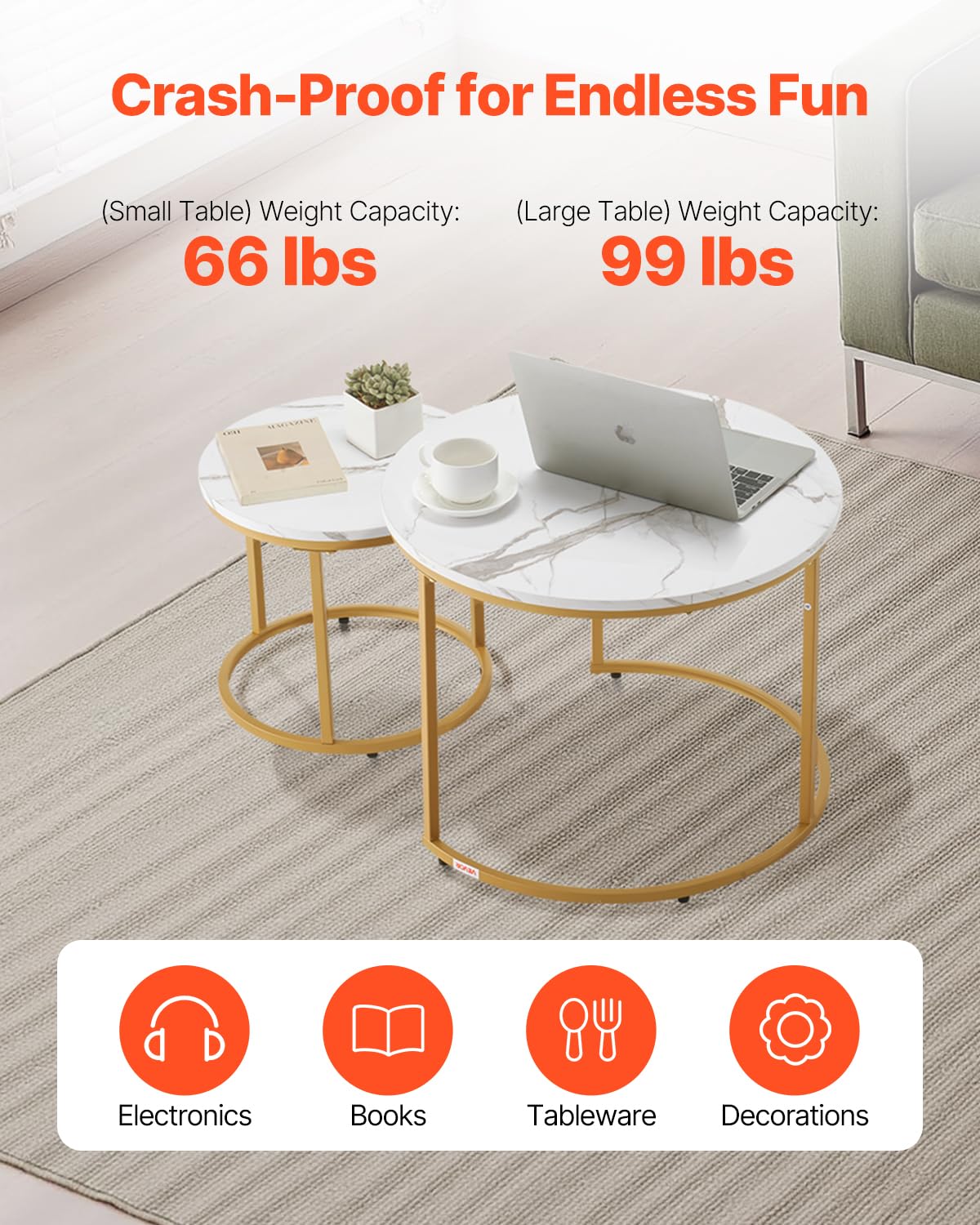 VEVOR Nesting Tables, Coffee Table Set of 2, 23.6 inch Round Coffee Table, Small Coffee Tables Night Stand with Metal Frame, for Living Room, Bedroom, Office (White & Gold)