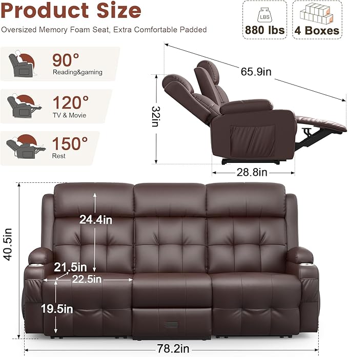 Aotolo Recliner Sofa, Massage Reclining Sofa 3 Seater Sets Heavy Weight Capacity, RV Loveseat Couch Clearance with Flip Back Console, Storage, Cup Holders, Wall Hugger Reclining Couch for Living Room
