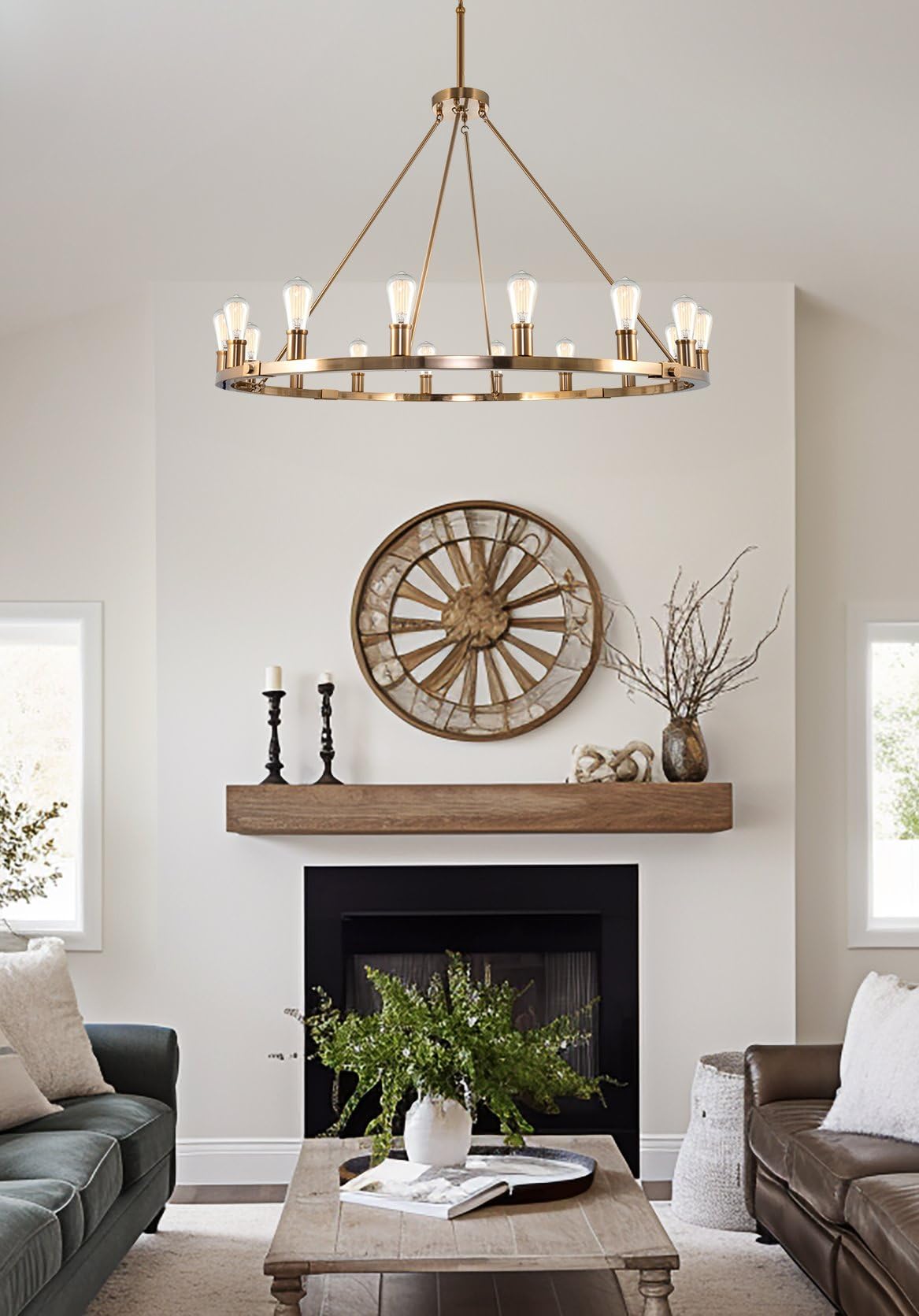 Kira Home Homestead 48" 16-Light Large Rustic Farmhouse Wagon Wheel Chandelier, Round Kitchen Island Light, Cool Brass Finish