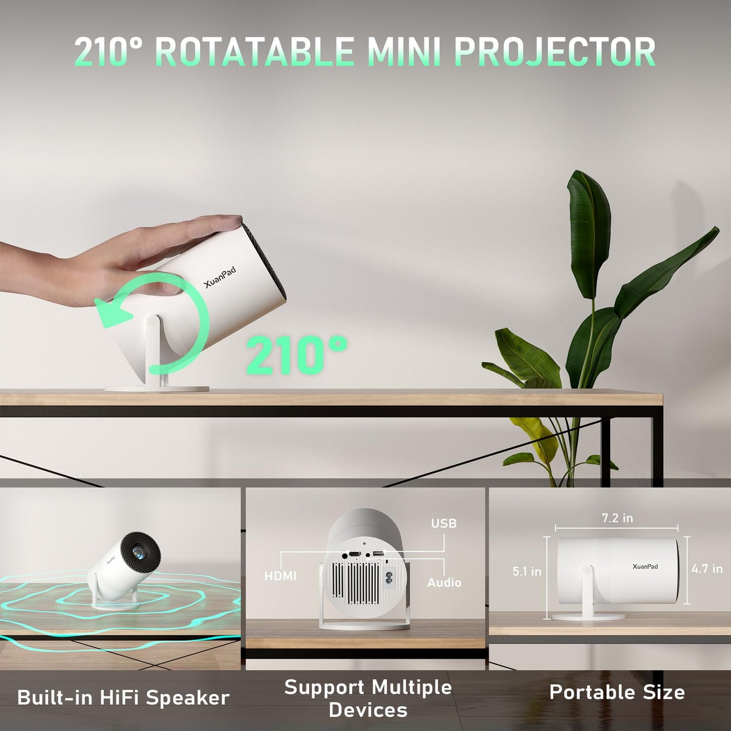 【Bone white Projector & Built-in Apps】XuanPad Mini Projector with Wi-Fi and Bluetooth, Full HD 1080P Smart Portable Projector with 210° Stand, Auto Vertical Keystone, Compatible with HDMI/USB/TV Stick