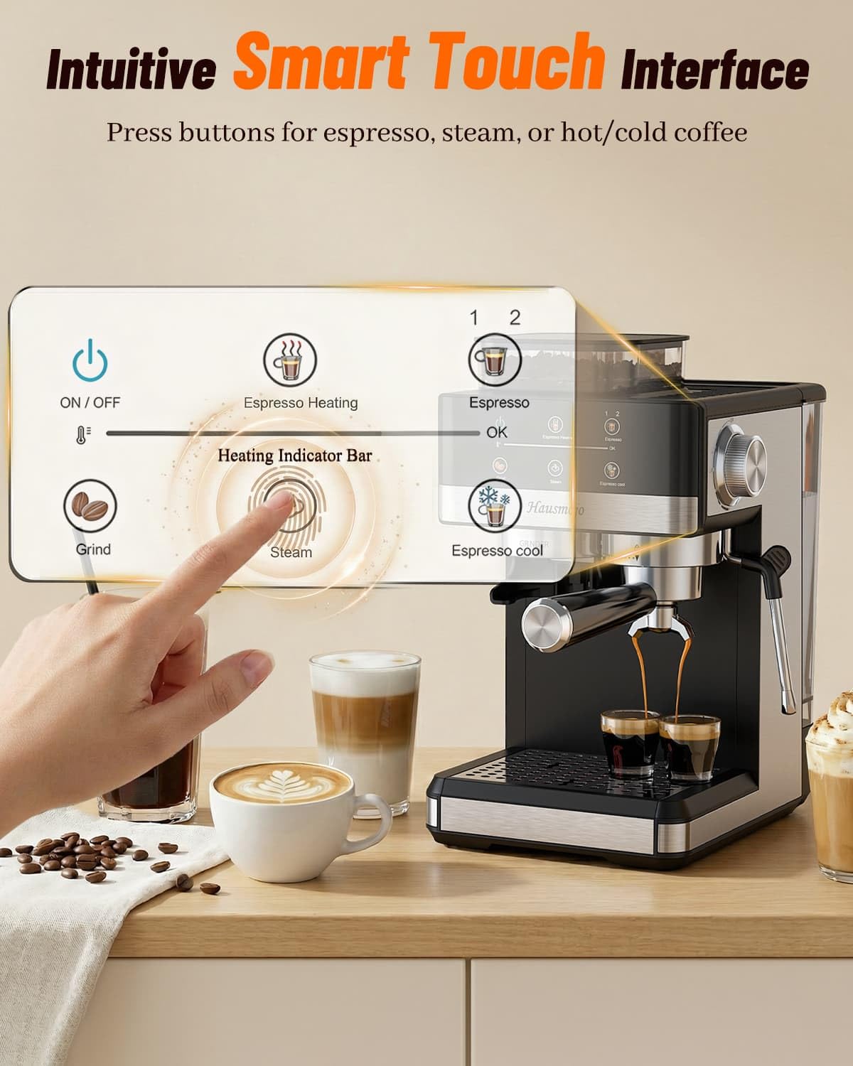 Hausmojo Espresso Machine with Grinder, 20Bar Expresso Coffee Machines with Milk Frother, Professional Compact Stainless Steel Coffee Maker for Espresso, Latte & Cappuccino, Perfect for Home Use