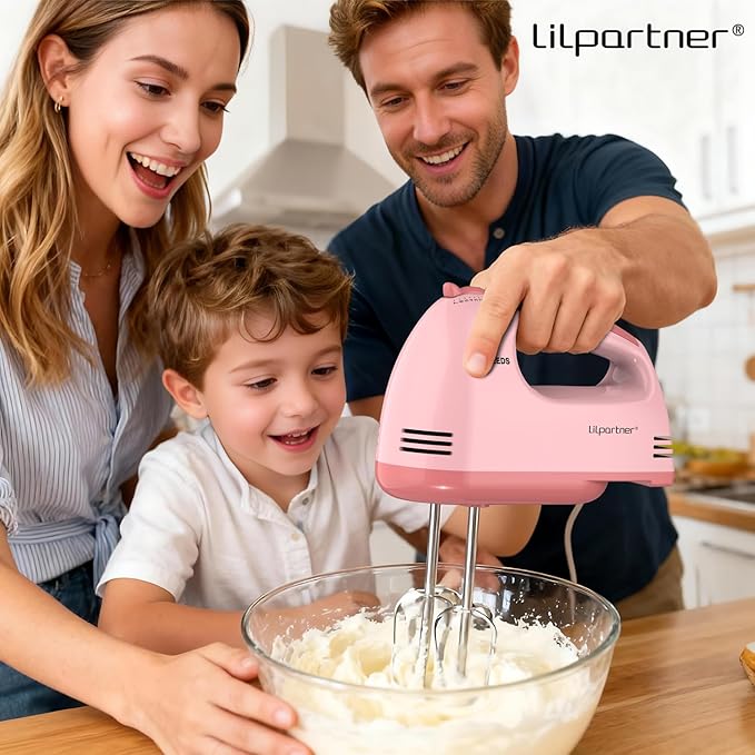 Hand Mixer Electric, Small Food Mixer 7 Speeds Handheld Blender,304 *(1* Whisk, 2* Beater, 2*Dough Hook) Kitchen Blender for Cream, Cookies, Dishwasher Safe, Pink