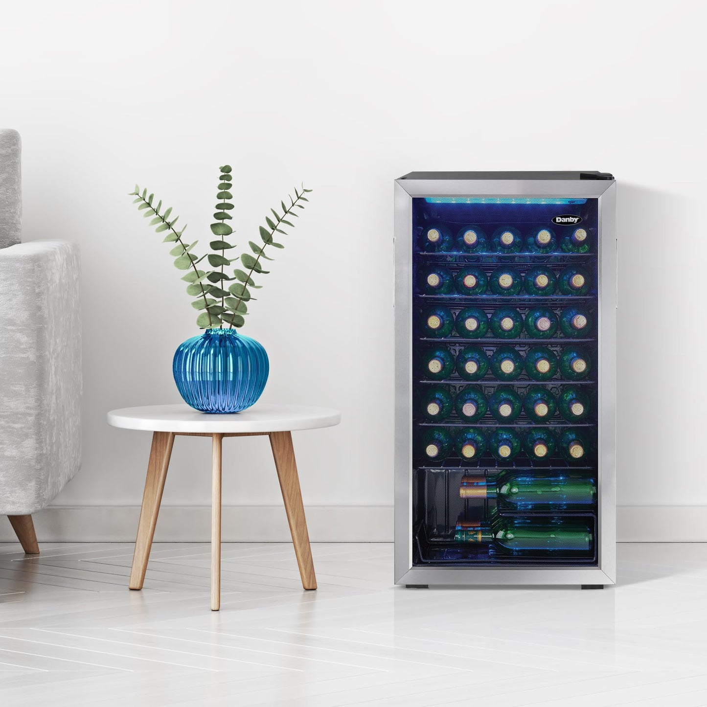 Danby DWC036A1BSSDB-6 3.3 Cu. Ft. Free Standing Wine Cooler, Holds 36 Bottles, Single Zone Fridge With Glass Door - Chiller for Kitchen, Home Bar, Black/Grey