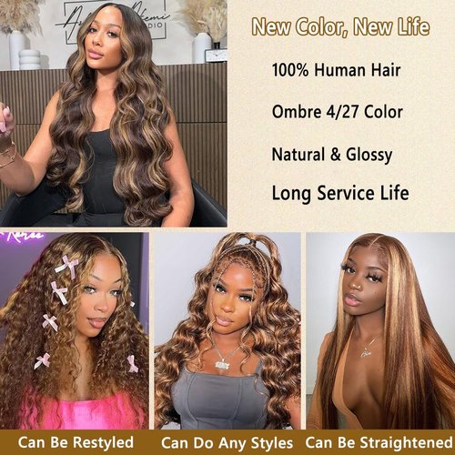Seekomi Ombre Human Hair Bundles 14 16 18 Inch Highlight 4/27 Body Wave Bundles Human Hair 12A 100% Virgin Colored Brown and Blonde 3 Bundles Human Hair Double Weft Quick Weave for Women, 300g
