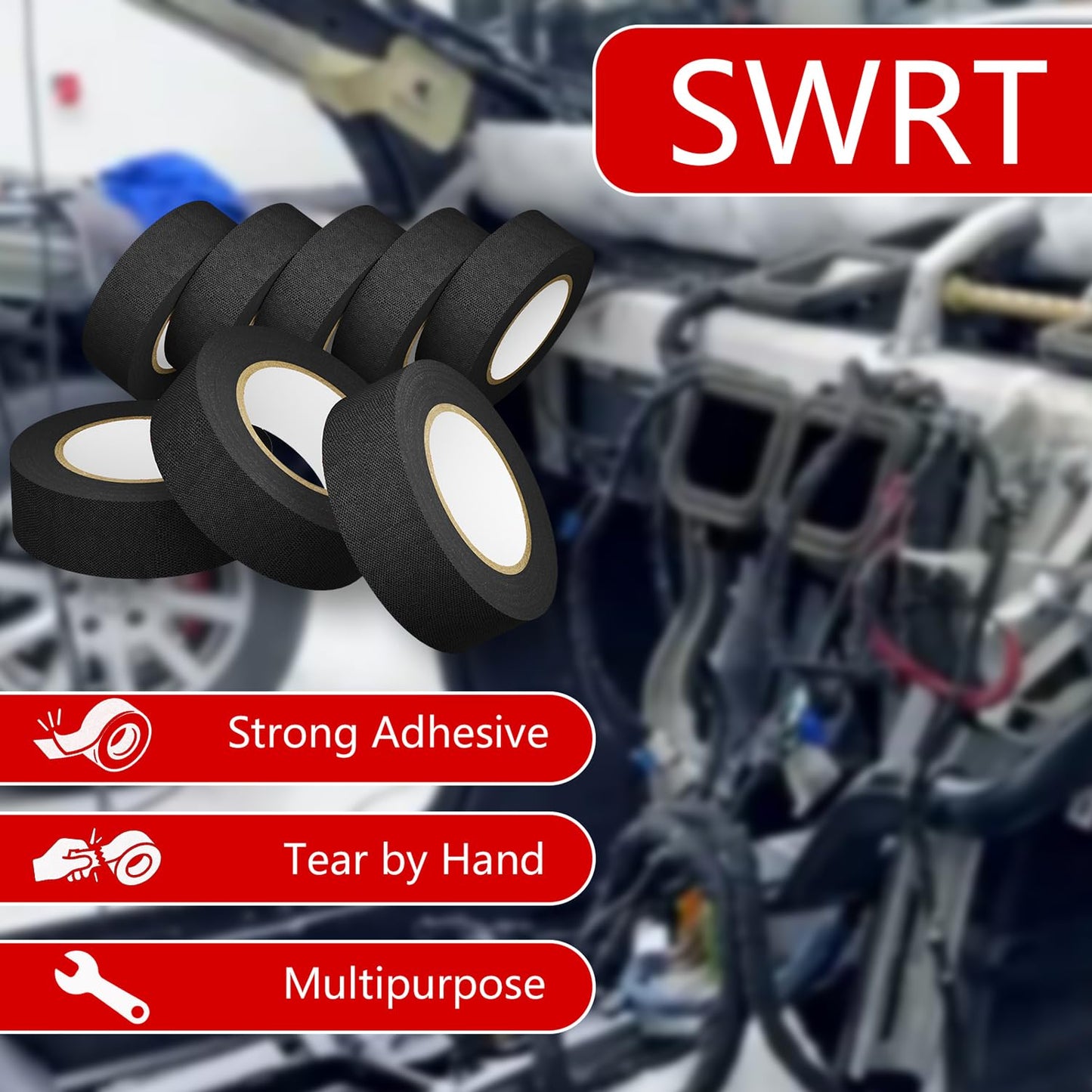 SWRT Wire Harness Tape, 3/4 Inch × 40 Feet, 8 Packs (320 Feet Total), Self-Adhesive Black Cloth Electrical Tape for Automotive Use, Fabric Tape Wire Wrap, High Temperature Resistance.