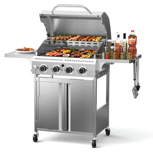 Electactic Propane Gas Grill 4 Burners, 32000 BTU Outdoor Barbecue Grill with Stainless Steel Body & Heavy-Duty 304 Grill Grates, Foldable Side Shelves & Built-in Thermometer, Portable with Wheels