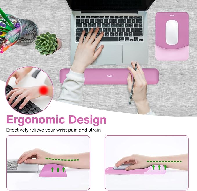 MOSISO Wrist Rest Support for Mouse Pad&Keyboard Set, Rectangular Ergonomic Mousepad Non-Slip Base Home/Office Pain Relief&Easy Typing Pad with Neoprene Cloth&Raised Silicone Lining, Rose Red