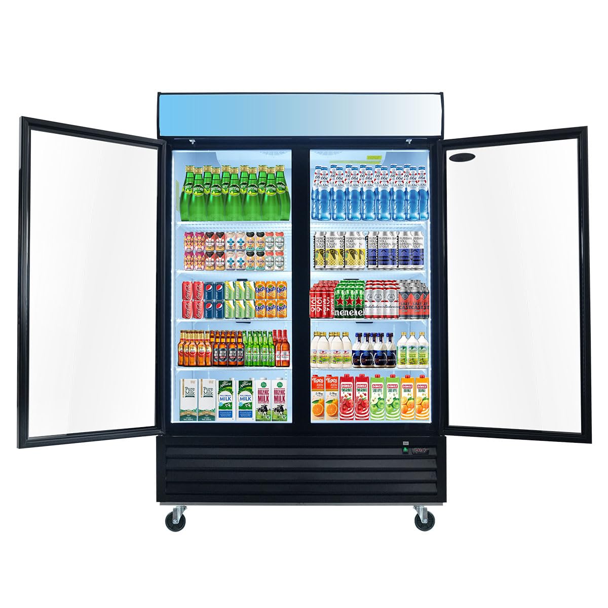 44.7 Cu.ft Glass Door Display Commercial Refrigerator,Beverage Refrigerators with Adjustable Shelves and Defrost System,LED Light,4 Universal Casters,for Restaurant Grocery Stores Home,Black