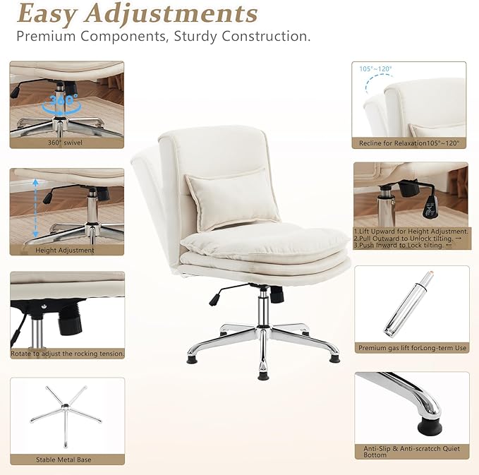 VINGLI Cloud Criss Cross Legged Chair,18" High Back Armless Home Office Desk Chair no Wheel,Wide Adjustable Comfy Padded Seat Task Computer Chair,Modern Swivel Makeup Vanity Chair,Microfiber,Beige