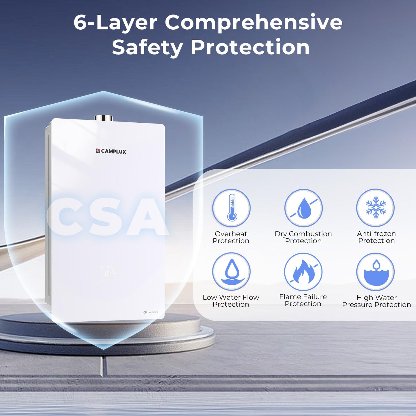 CAMPLUX Climatech 7 Tankless Water Heater Propane 3.6 GPM Up to 4 GPM, 85,300 BTU CSA Certified On Demand Instant Propane Tankless Hot Water Heaters Indoor, 1-3 Points Real Data No Exaggeration