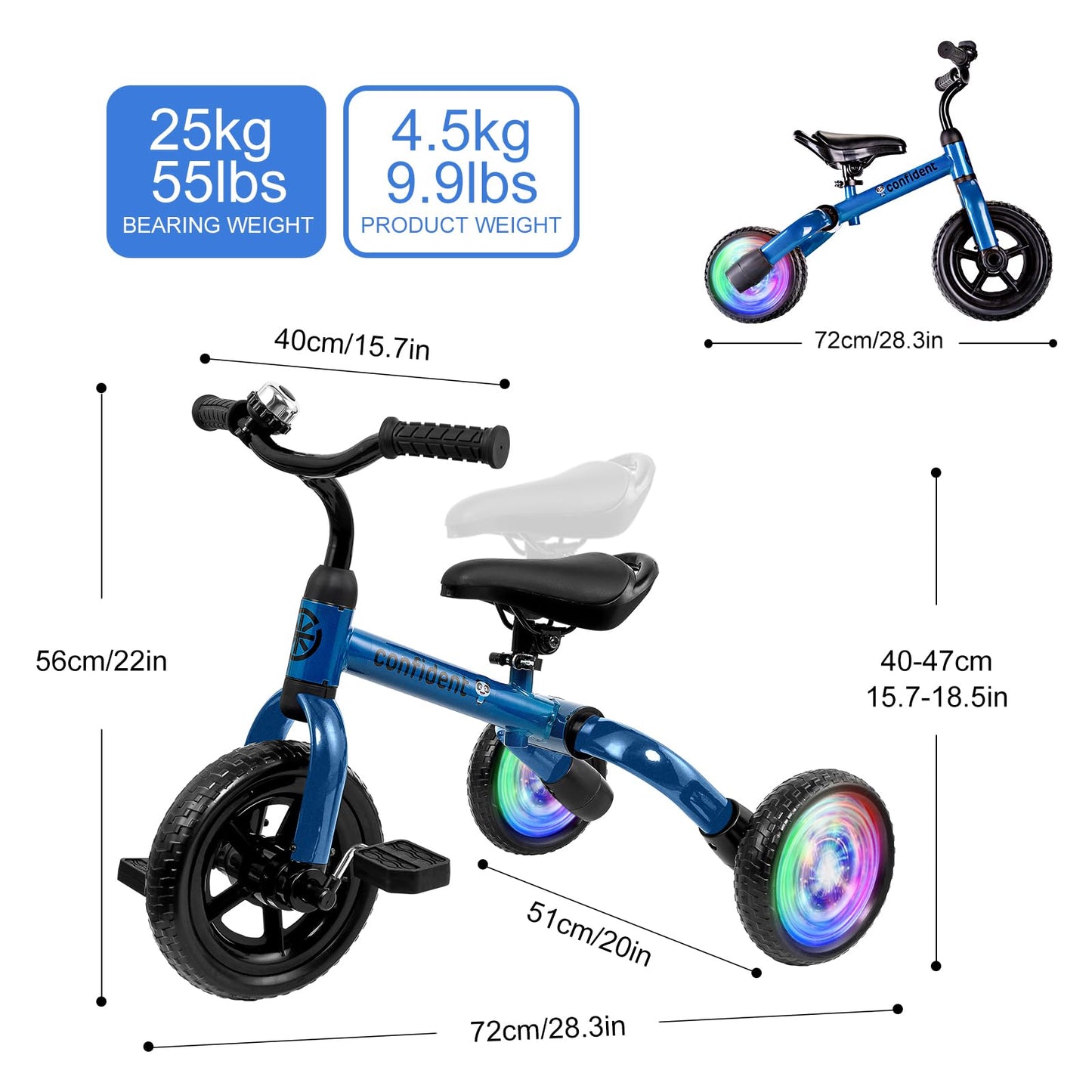 YGJT 3 in 1 Lighting Tricycle for Toddlers Age 2-5 Years Old, Folding Kids Balance Bike with Adjustable Seat and Removable Pedal, Toddler Bike Ride-on Toys for Infant, Gifts for Baby Boys Girls(Blue)