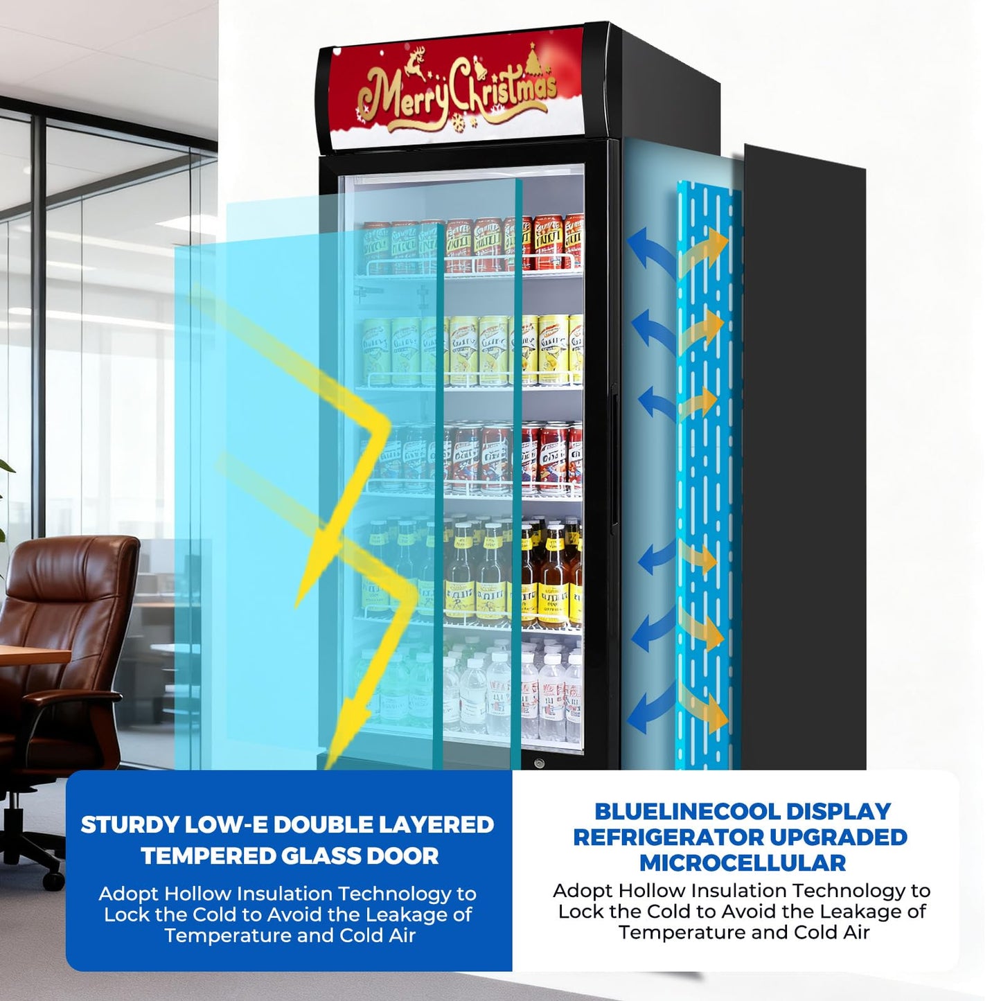 Bluelinecool Commercial Refrigerator Beverage Cooler, 12.5 Cu.Ft Display Refrigerator with Glass Door, Drink Fridge with Led Light, 4 Adjustable Shelves, Merchandiser Refrigerator for Beer, Bar, Shop