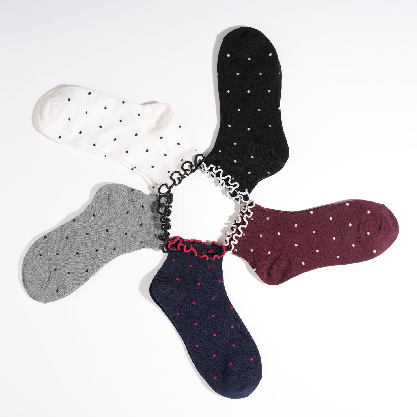 kikiya socks Women Cute Ankle | 5 Pairs Ruffle Design with Polka Dots Pattern Cute Frilly Lace Mid Cut Black White Gray Wine Navy Print Daily Cotton Socks | Womens Ladies Girls Gift | Ruffle Dot A