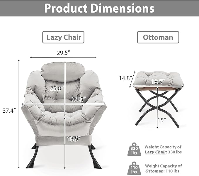 Youtanic Lazy Chair with Folding Ottoman, Accent Chair Velvet Upholstered with Metal Structure and Non-Slip Pads, Sofa Armchair with Footrest and Side Storage Bag for Dorm, Room, Office, Light Gray