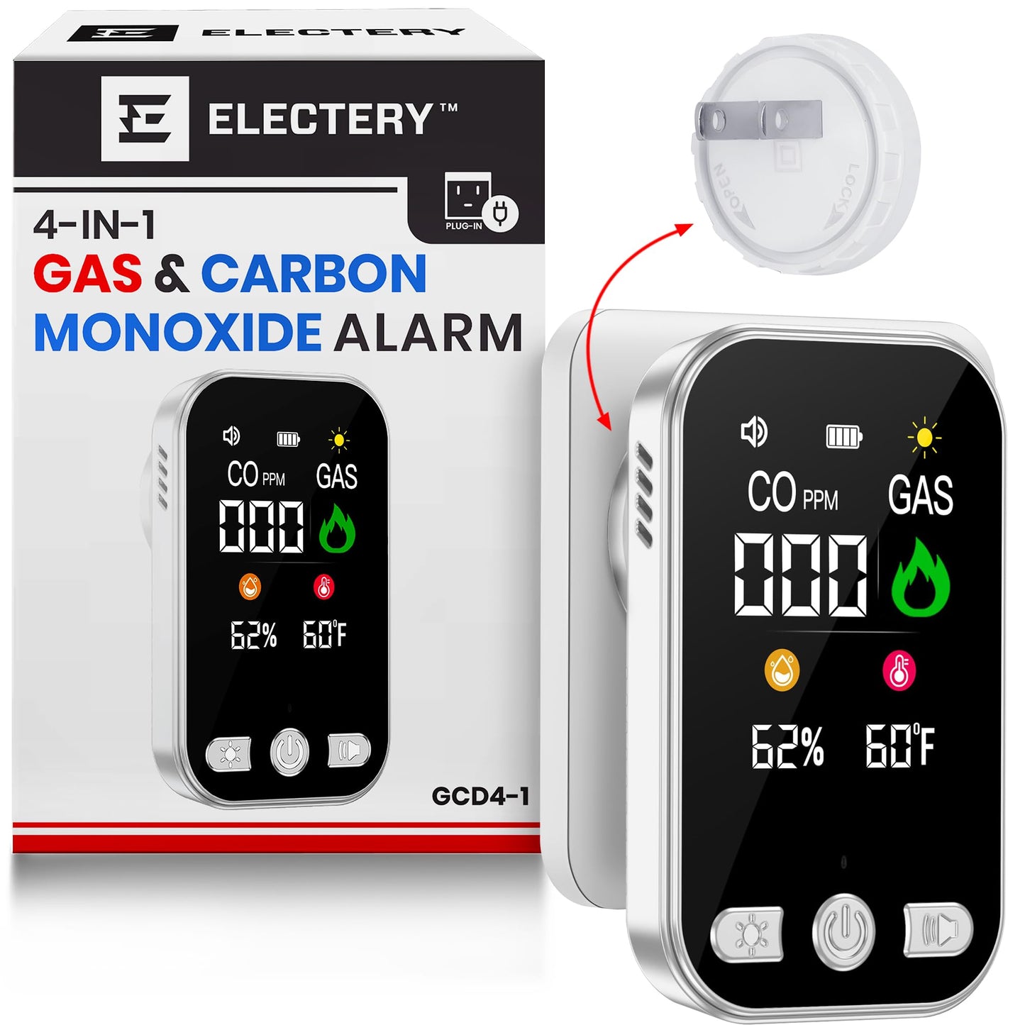 4‑in‑1 Upgraded Natural Gas Leak Detector & Carbon Monoxide Detectors Plug‑in with Dual Sensor, LCD Display Alarms, Temperature & Humidity Monitor for Home & RV