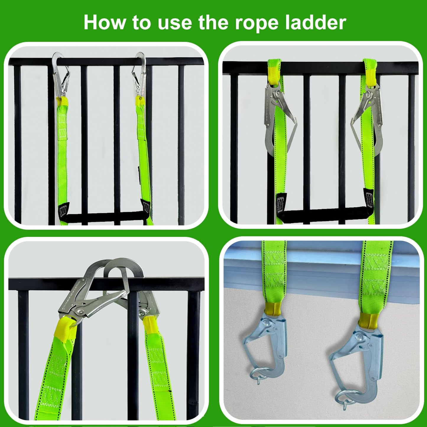 Fire Escape Ladder with 2 Heavy Hooks, 16.7 Feet Emergency Fire Ladder for 2-3 Story Homes, Reusable Safety Rope Ladders for Balcony Railing Treehouse, Green