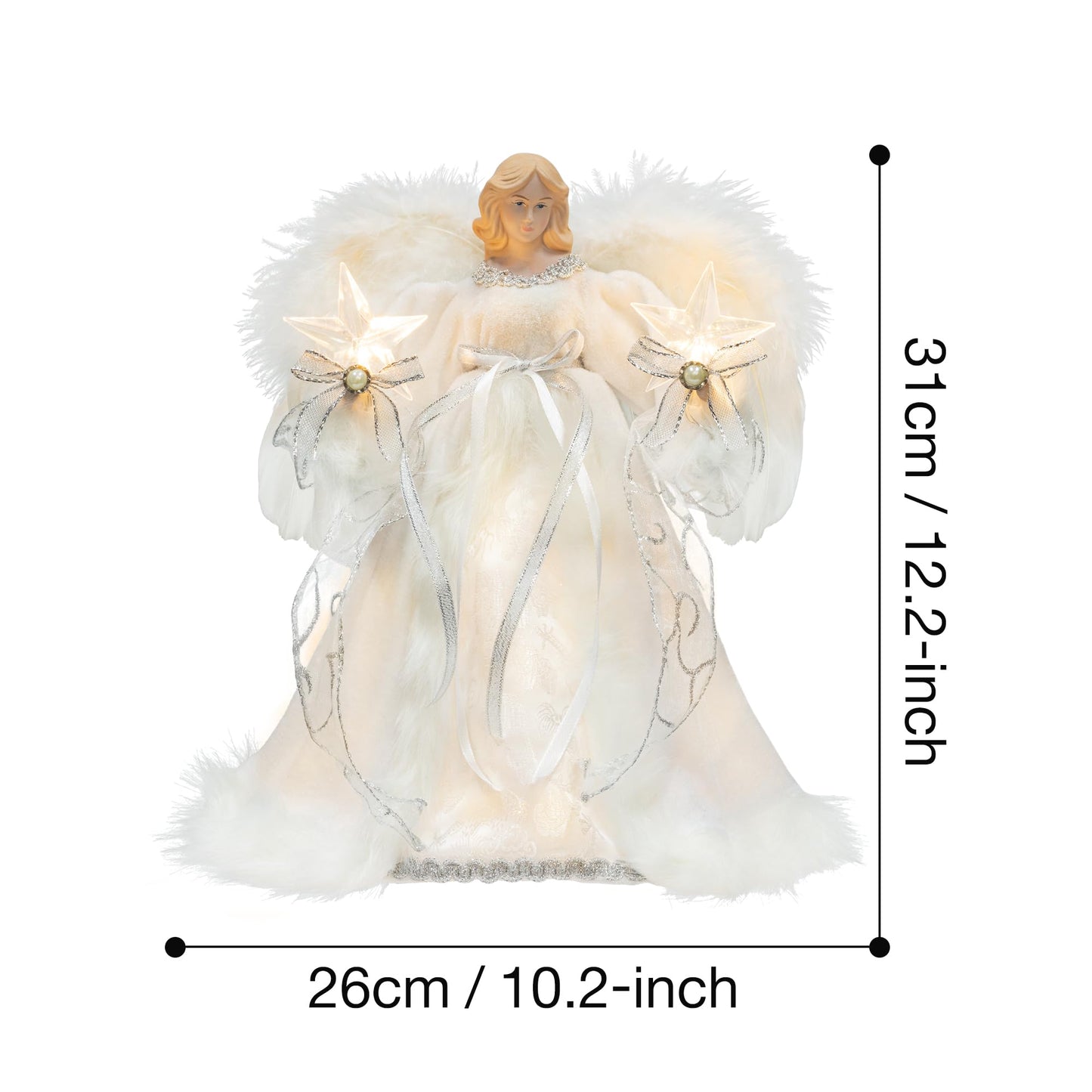 KI Store Lighted Christmas Angel Tree Topper with Timer 12-Inch White Angel Treetop Figurine for Christmas Tree Decoration