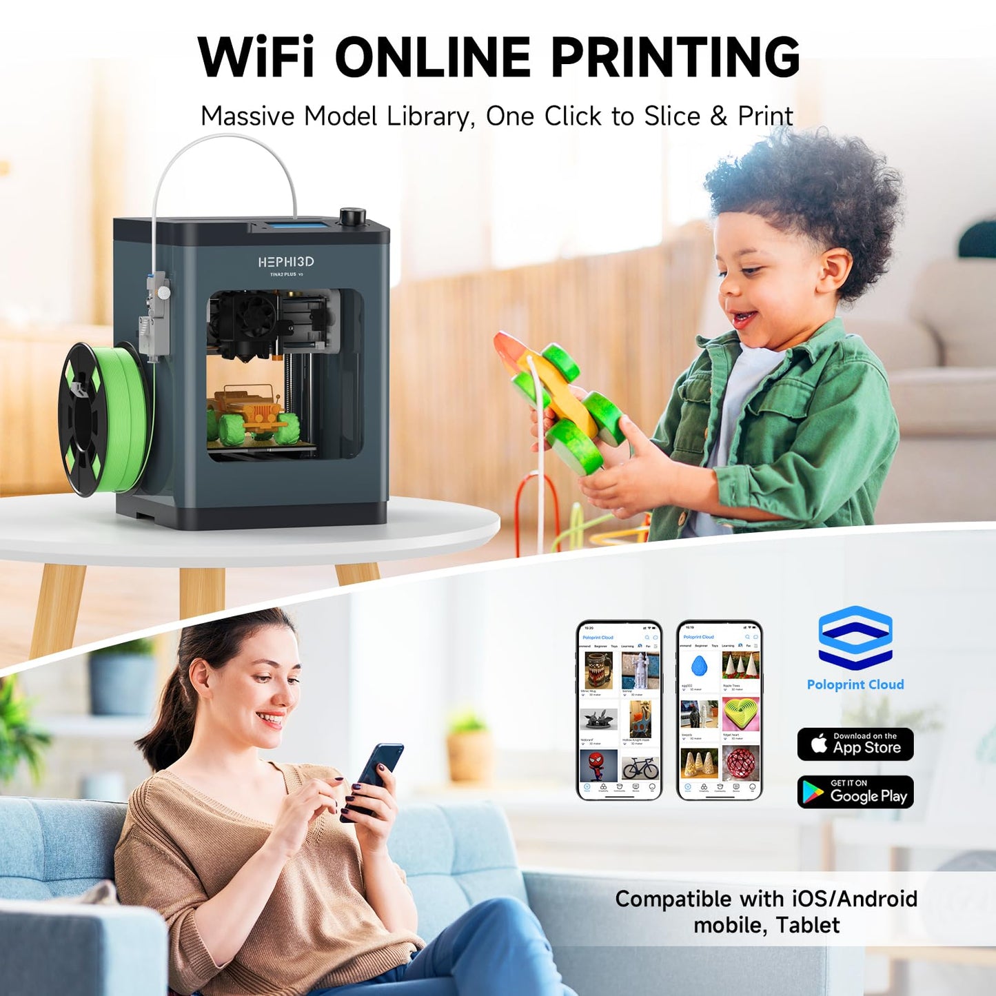 TINA2 Plus 3D Printer with WiFi Cloud, HEPHI3D DIY 3D Printers 250mm/s High Speed, Auto Leveling Mini 3D Printer for Beginners and Kids, Fully Assembly 3D Printers Open Source for Home, Office, School