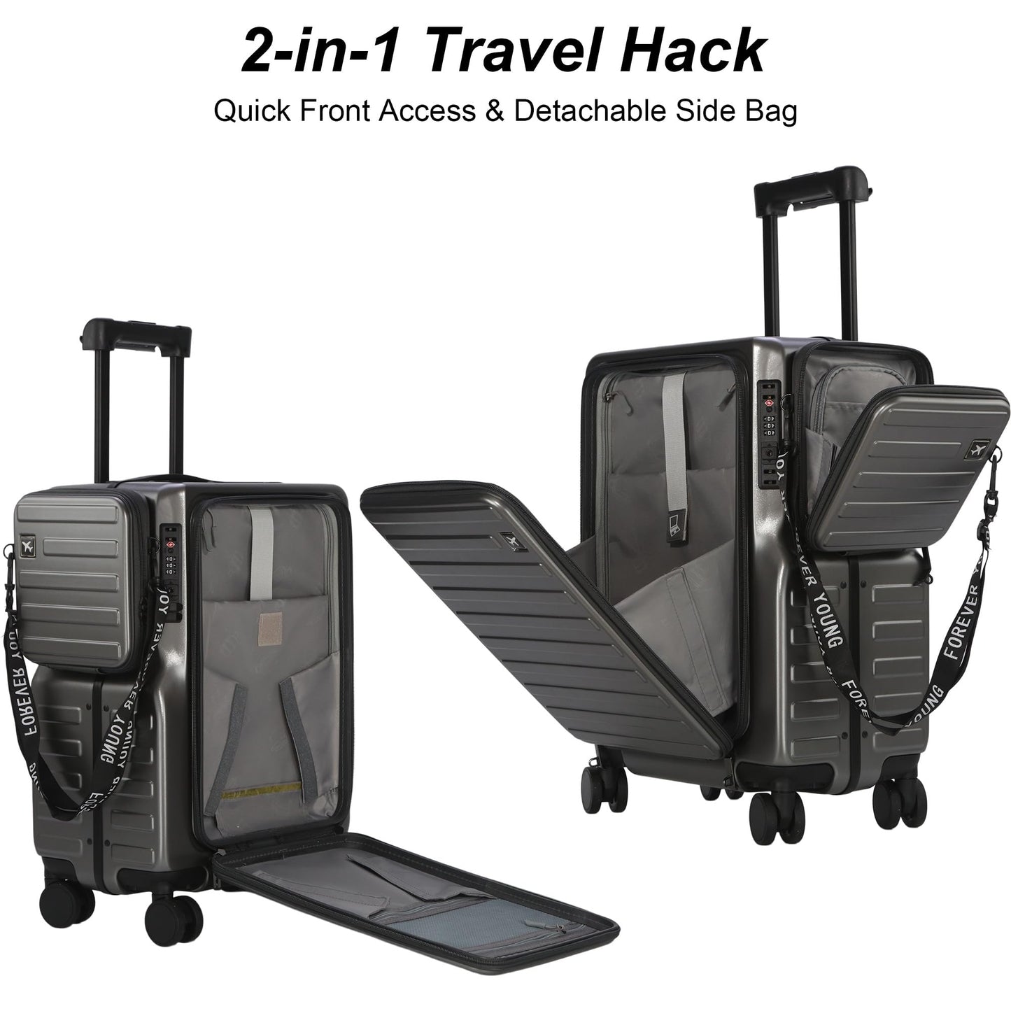 MAITUD Front Opening Carry On Luggage 22x14x9 Airline Approved, 20 Inch Aluminum Frame Suitcase with Dual TSA Locks & Cup Holder, PC Hardshell Travel Case with Detachable Bag (Titanium Grey)