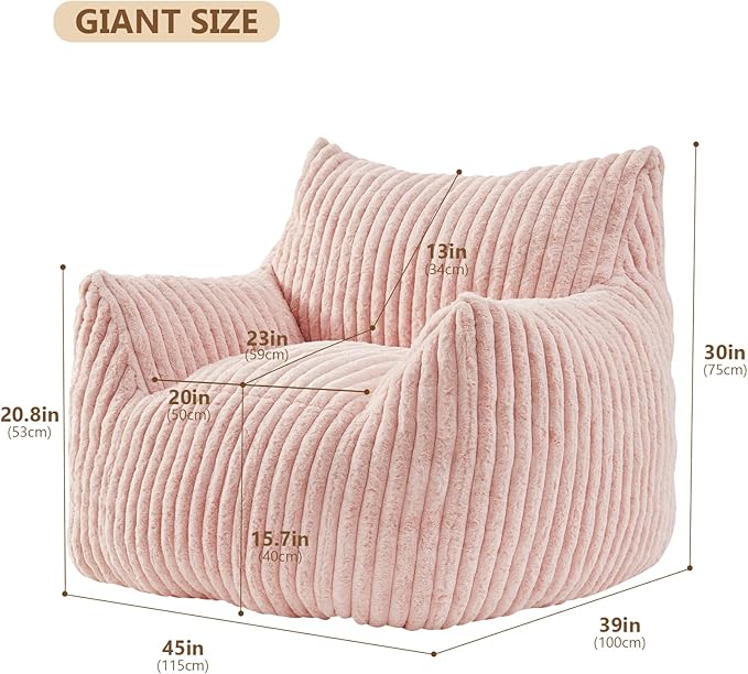 Achicsofar Giant Bean Bag Chairs for Adults Teens, Large Bean Bag Sofa Chairs with Filling Comfy Fuzzy BeanBag Chair with Armrests for Bedroom Living Room Reading