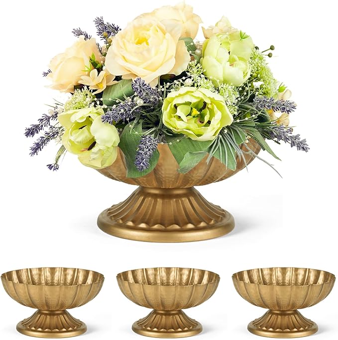 Set of 4, 7'' Wide 3.94'' High Distressed Gold Compote Pedestal Vases, Vintage Antique Urn Gold Flower vases for Centerpie...