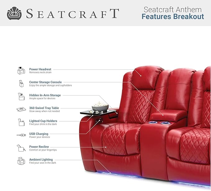 Seatcraft Anthem Home Theater Seating - Italian Leather - Power Recline Loveseat - Center Storage Console - Powered Headrests - Arm Storage - USB Charging - Cup Holders, Red