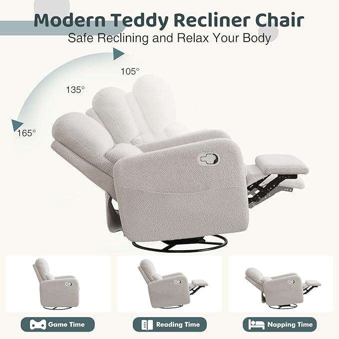 AEMEIOS Swivel Rocker Recliner, Oversized Teddy Manual Nursery Glider Rocking Recliner with Removable Cushion, Upholstered Boucle Swivel Reclining Chair for Nursery Living Room Bedroom, Teddy Gray
