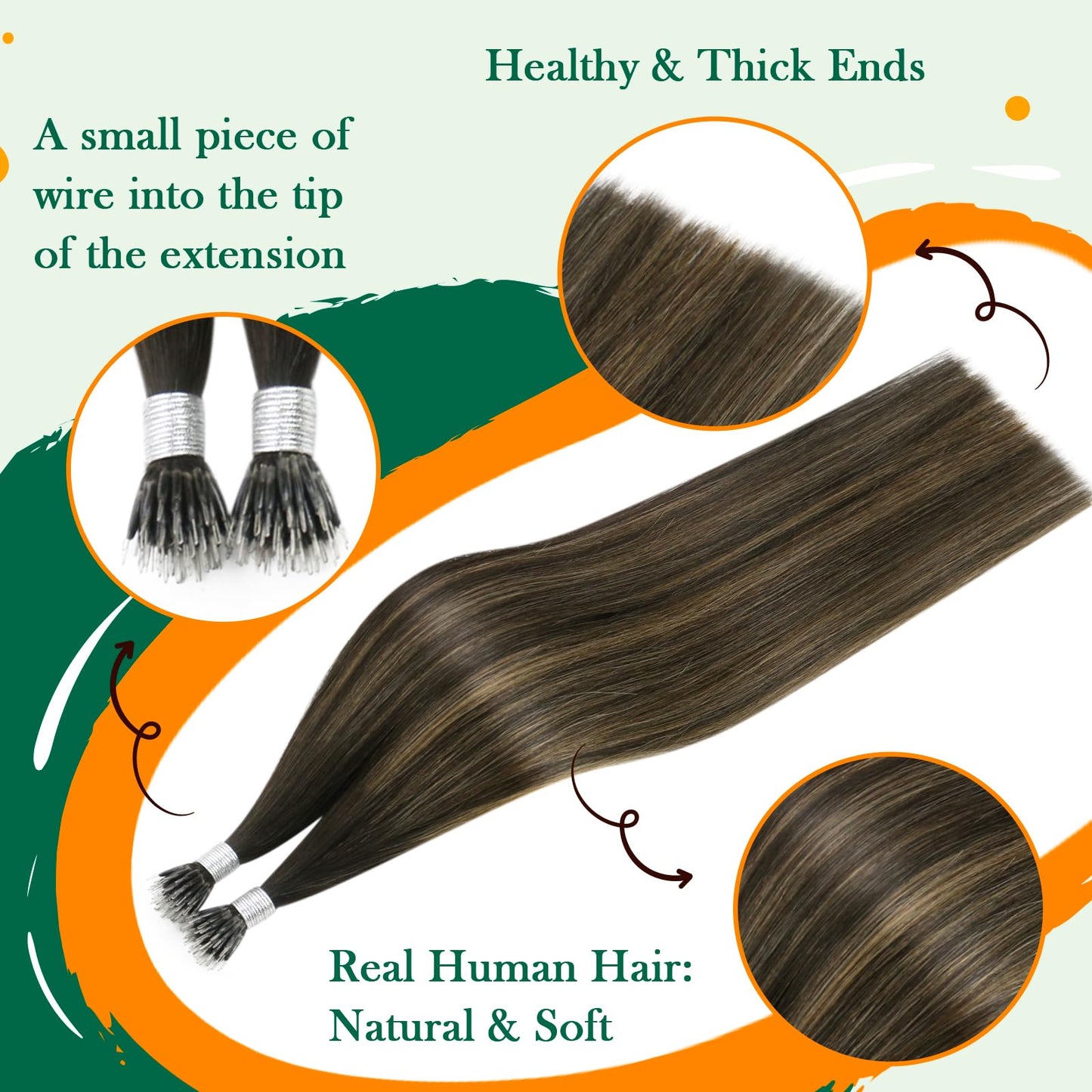Easyouth Nano Beads Hair Extension Human Hair Balayage Nano Tip Hair Extensions Real Hair Darkest Brown Ombre Light Brown Nanos