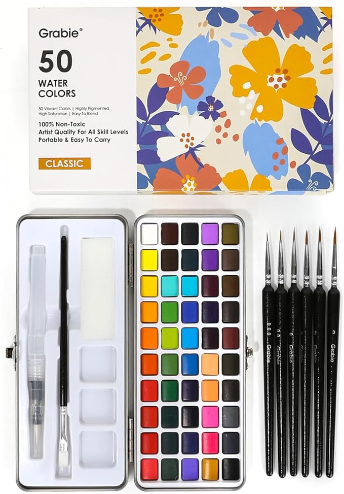 Grabie 50 Colors Watercolor Paint Set, Detail Paint Brush Included, Watercolor Paints, Painting Sets, Art Supplies for Pai...