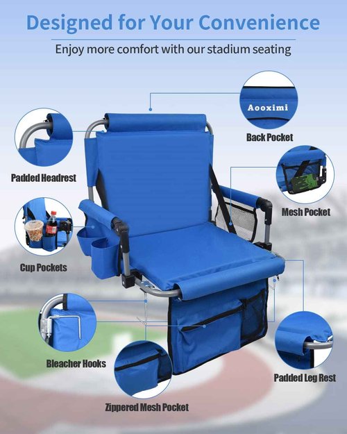 AOOXIMI Stadium Seat with Back Support, Bleach Seat with Backrest and Cushion, Stadium Chair with Cup Holders, Mesh Bag and Hidden Hook for Basketball and Soccer Bench
