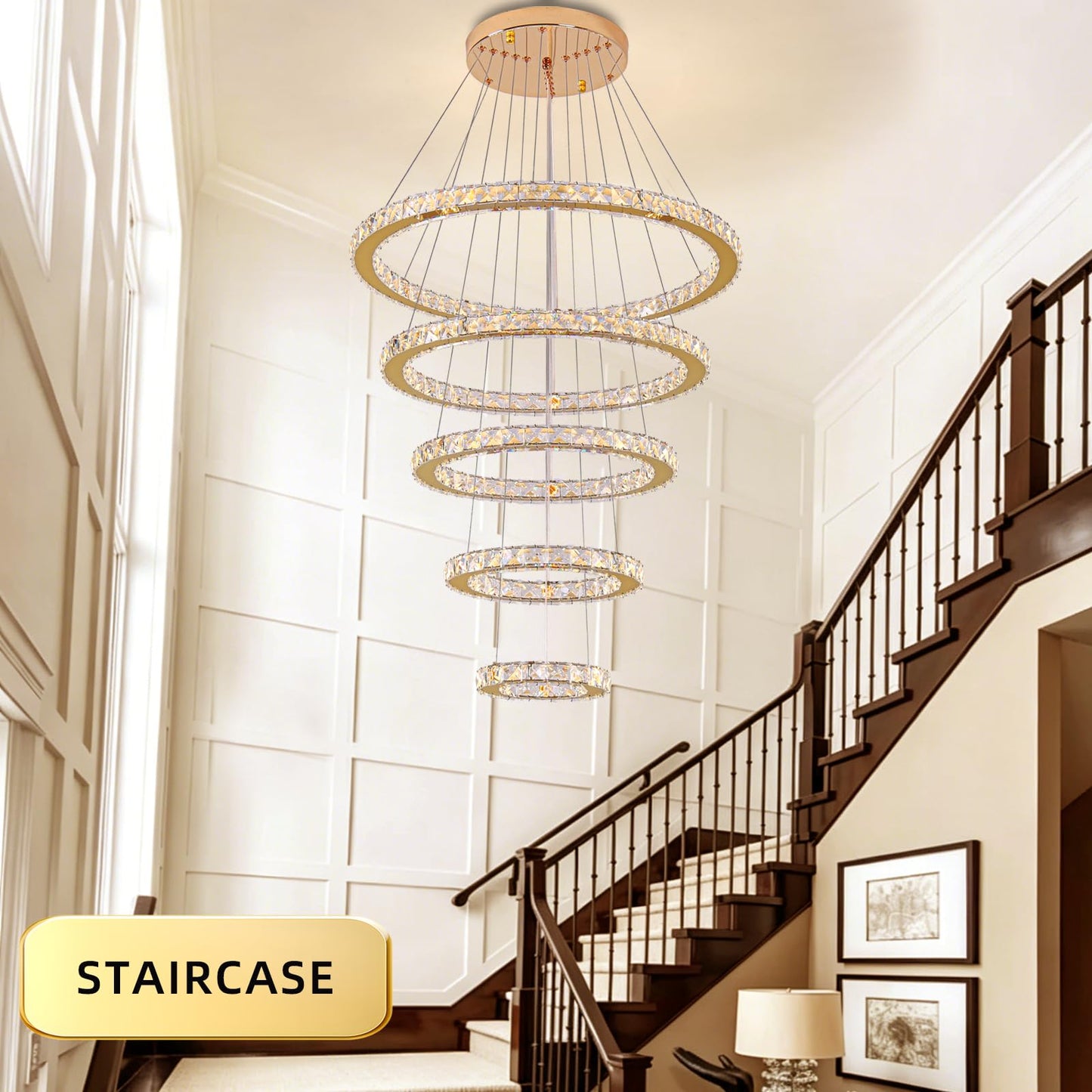 KKMYWAN Modern Crystal Chandelier Dimmable 5 Rings LED Gold Chandelier Linear Chandelier Dining Room Light Fixture with Remote for Entryway, Bedroom,Living Room and Foyer