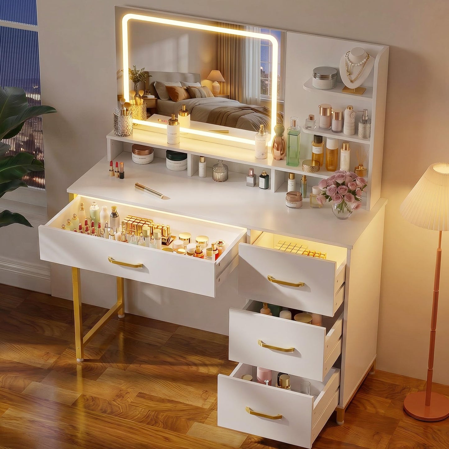LUCKRACER Vanity Desk with LED Lights Mirror, Makeup Vanity with Storage Drawers and Shelves, Modern Dressing Table for Women Girls Bedroom, Ivory White
