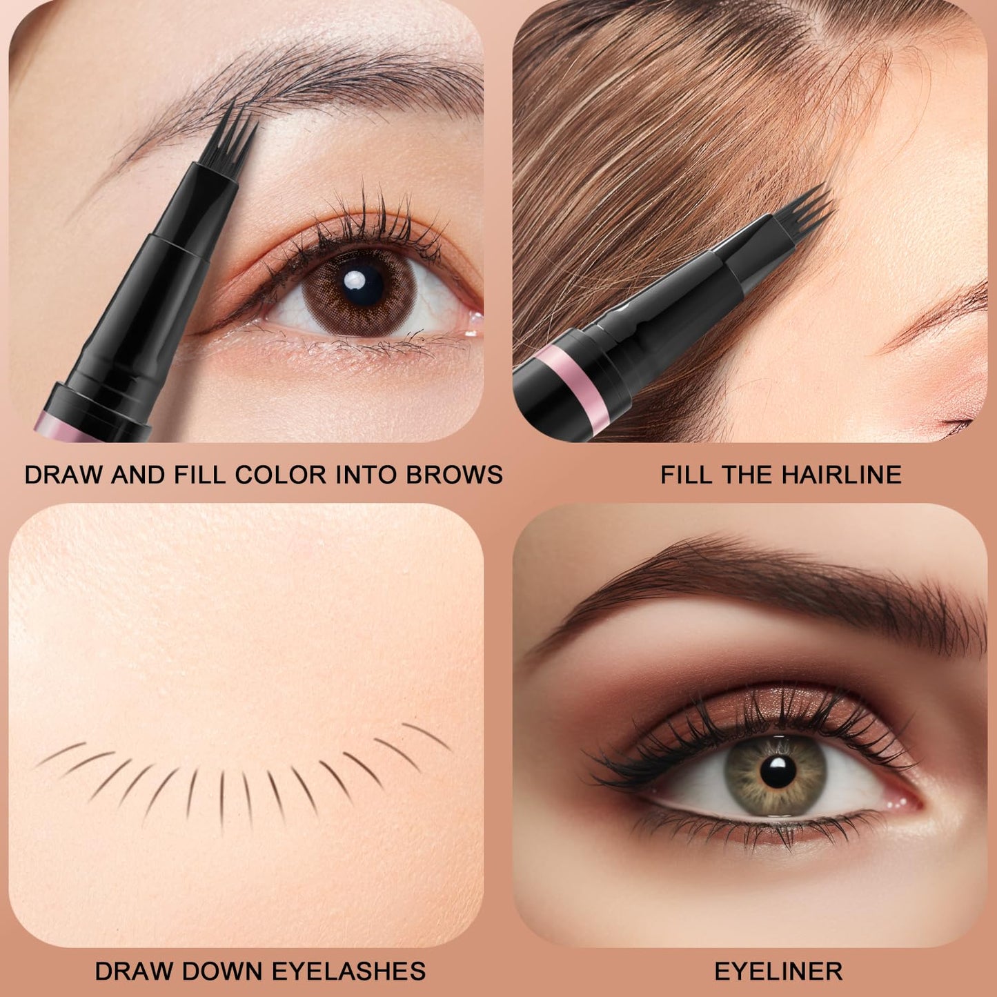 Eyebrow Pencil,2-in-1 Waterproof Eyebrow Pen with 4 Tip Brow Pen and Ultra-Precise Brow Pencil,with Dual-ended Eyebrow Brush,Eyebrow Makeup for Natural Looking Eyebrows - Black Brown