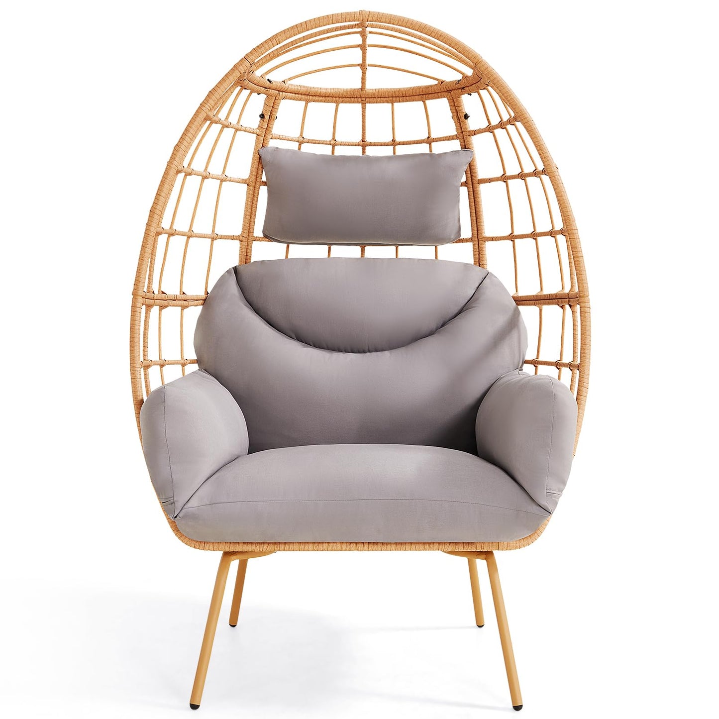 ONBRILL Oversized Egg Chair, Indoor Outdoor Egg Rattan Chair with PE Rattan, Steel Frame and Detachable Cushions, Wicker Lounger for Patio, Pool, Living Room, Bedroom - Grey