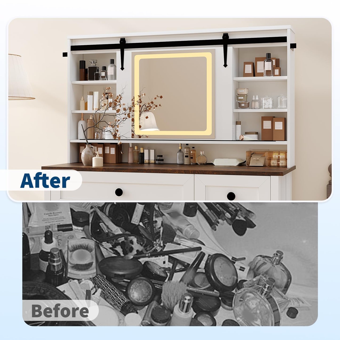 Garvee Vanity Desk with LED Lighted Mirror & Power Outlet, Makeup Table with 3 Drawers, Cabinet & Storage Stool, Dressing Table with Shelves for Bedroom, White