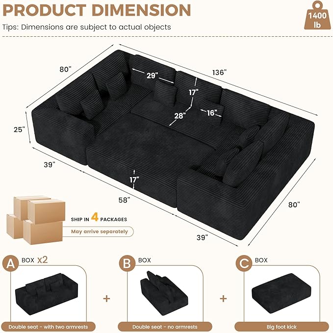 136'' Large Sectional Cloud Couches with Chaise, U Shaped Boneless Sofa Bed with Ottoman, No Assembly Required Deep Seat Modular Lounge for Living Room 4PCS Set, Bedroom(Black)