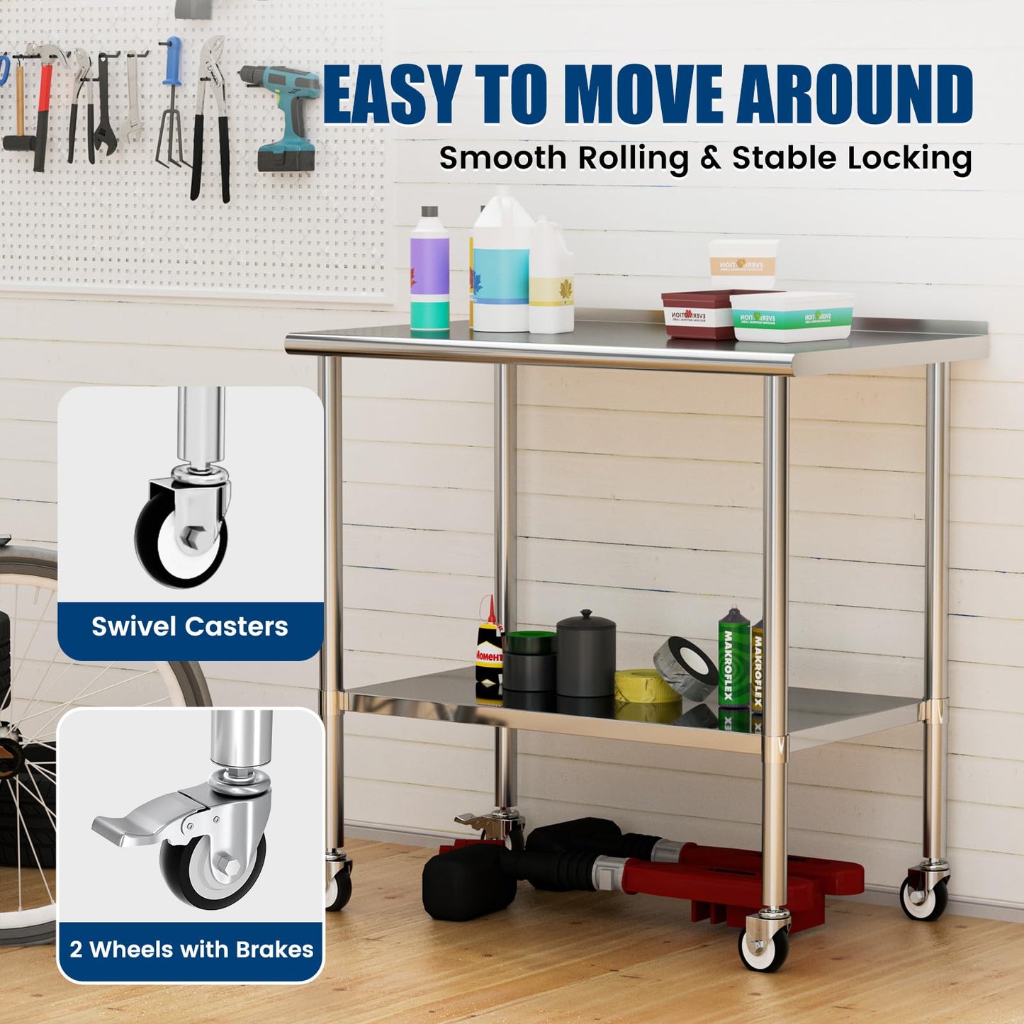 Chingoo Stainless Steel Work Table with Wheels, 24x48 Inch NSF Food Prep Table with Backsplash & Adjustable Undershelf for Commercial Kitchen, Restaurant, Garage