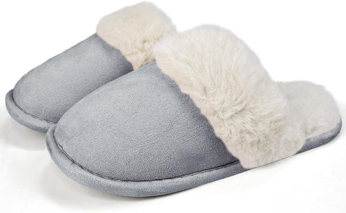 Women's Memory Foam Fuzzy Slippers Fluffy Plush Indoor Outdoor Non-Slip Thin Sole Winter House Shoes