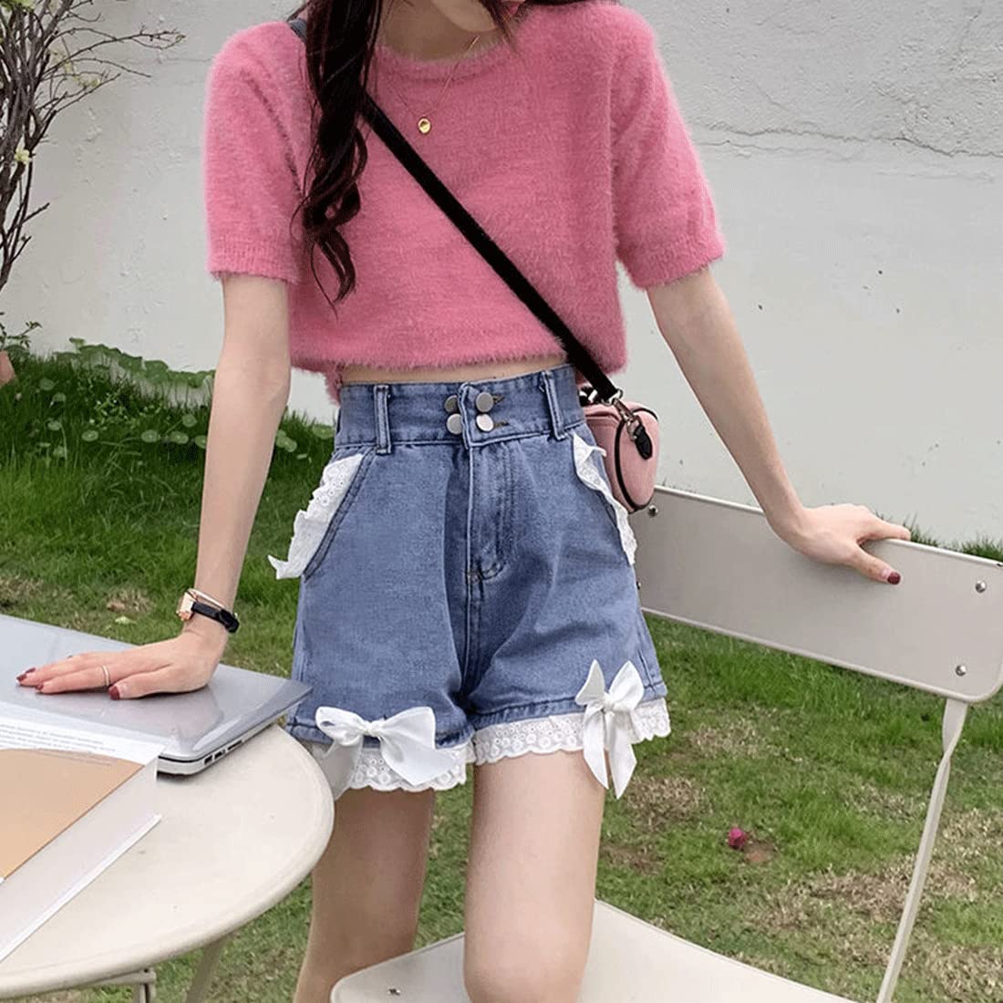 RILGOU Harajuku Y2K Style Pastel Kawaii Gothic High Waisted Straight Wide Leg Vintage Lace Knot-Bow Trim Denim Shorts S