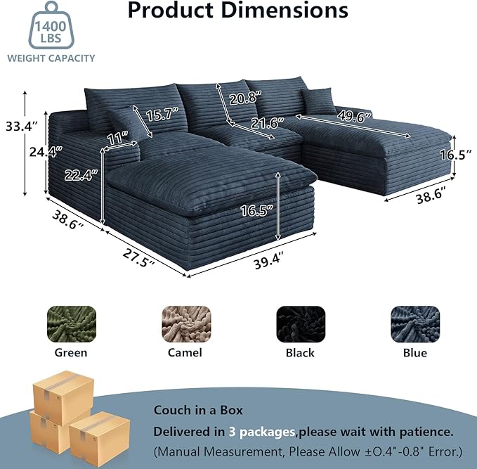 107" Cloud Sectional Couch U-Shaped Chaise with Ottoman, Corduroy Boneless Couch for Living Room Bedroom, Deep-Seat Upholstered Modular Cloud Sofa, No Assembly Required (Blue, Right Facing Chaise)