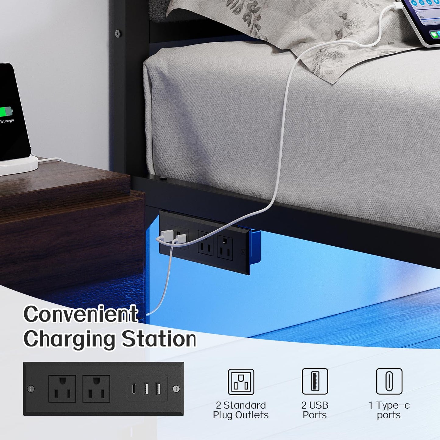 OLEVS Twin Bed Frame with Headboard Metal Platform Bed Twin Size with USB Charging Station and LED Lights, No Box Spring Needed