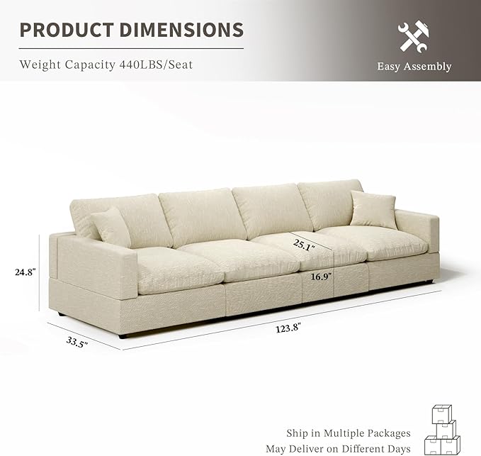 Cloud Couch Modular Sectional Sofa, 123.8" 4-Seater Sectional Couches for Living Room, Convertible Cloud Sofa, Down Filled Wide & Deep Seat, Removable Washable Cushion Cover & Backrest Pillow Cover
