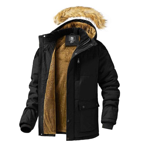 Junggley Men's Winter Warm Ski Jacket Mountain Windproof Hiking Hooded Snow Coat Multi Pockets Black XL