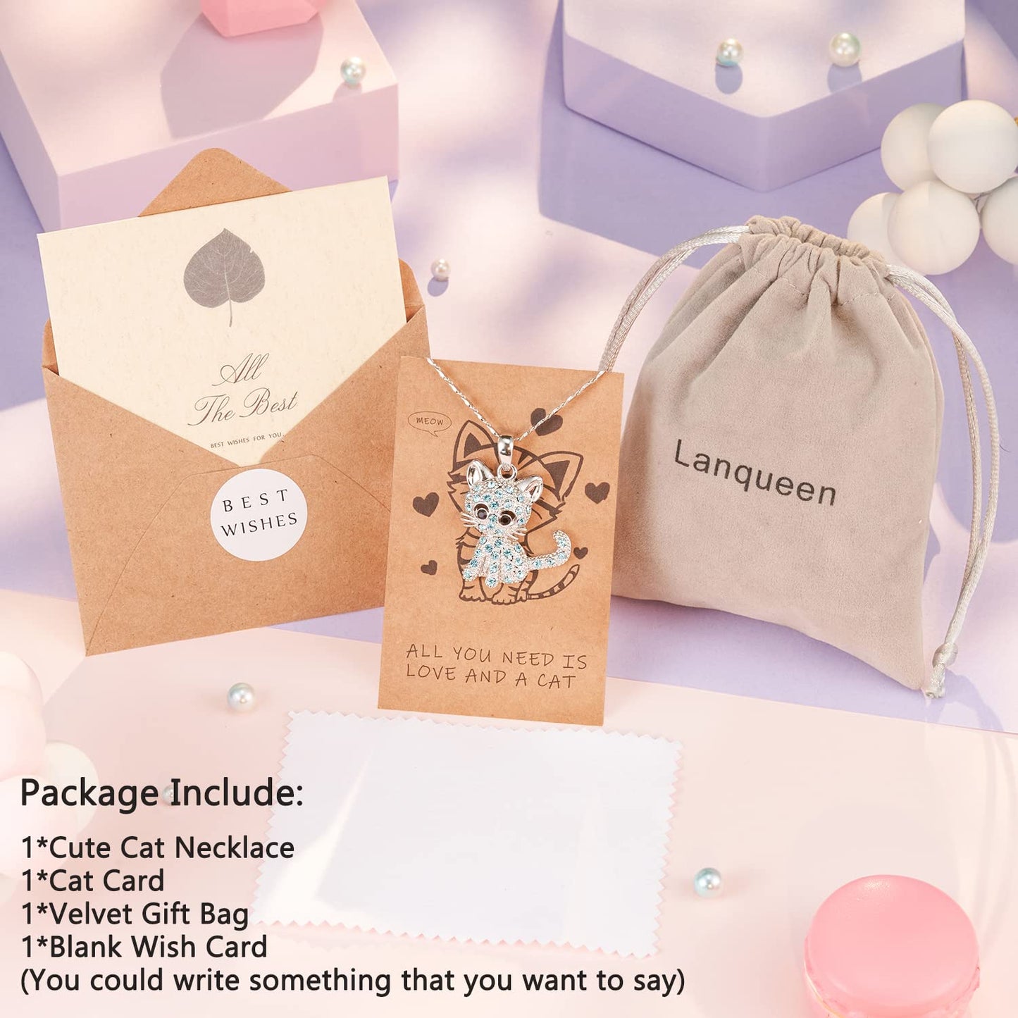 Lanqueen Christmas Gifts Kitty Cat Pendant Necklace Jewelry for Girls Cat Lover Gifts Daughter Granddaughter Loved Necklace 18+2